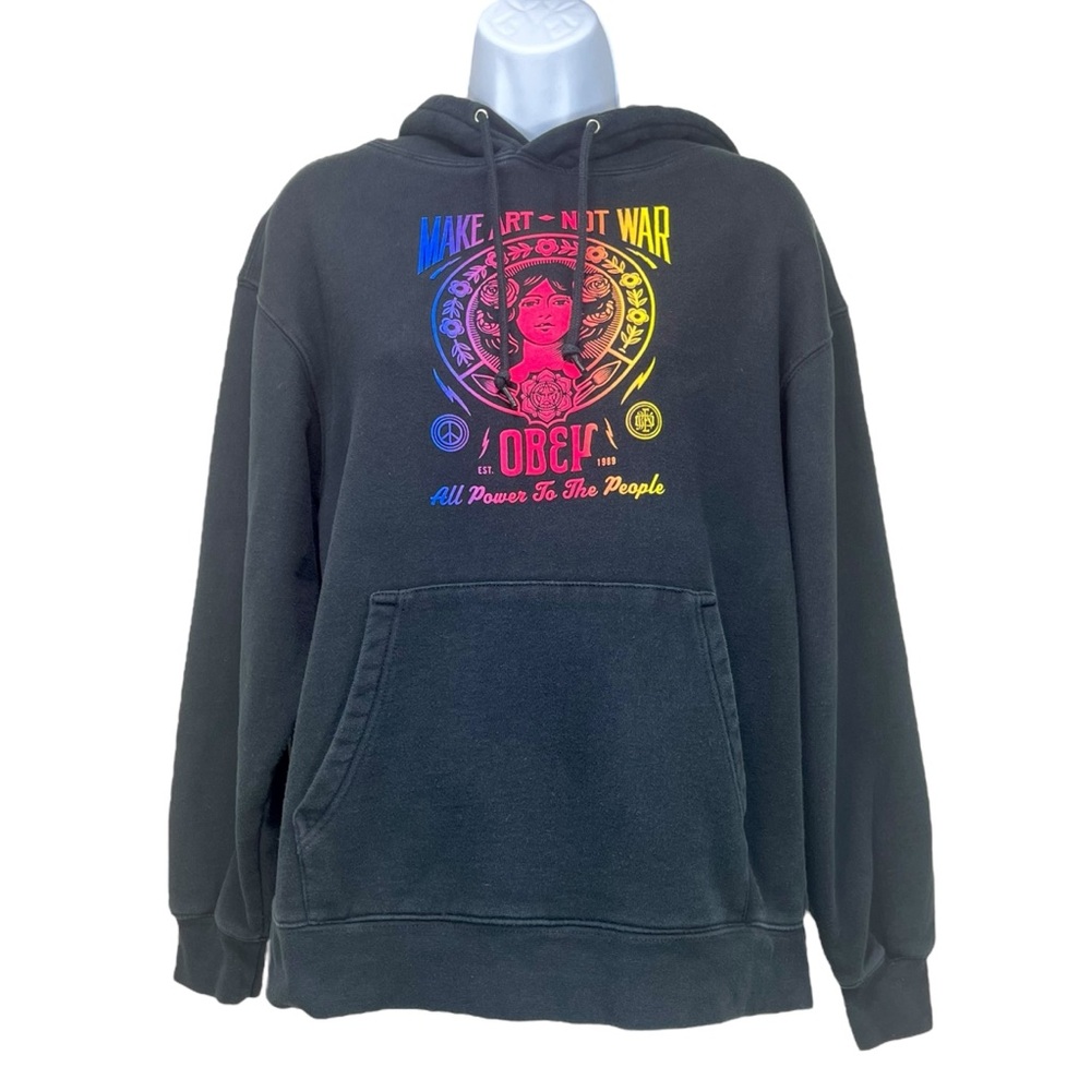 Obey Women’s Large Make Art Not War Hoodie Black Graphic Pullover‎